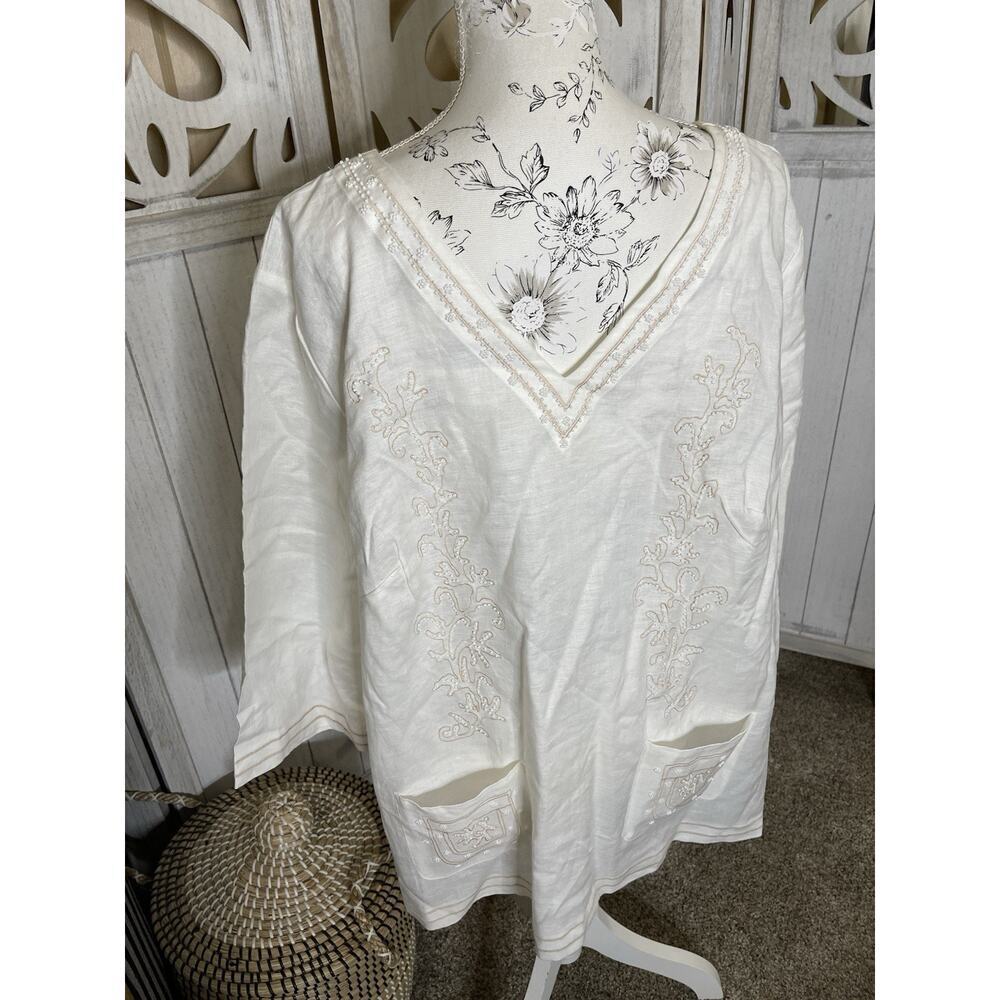 Edward Woman Irish Linen Embroidered Beaded Top Size 3X Clean White